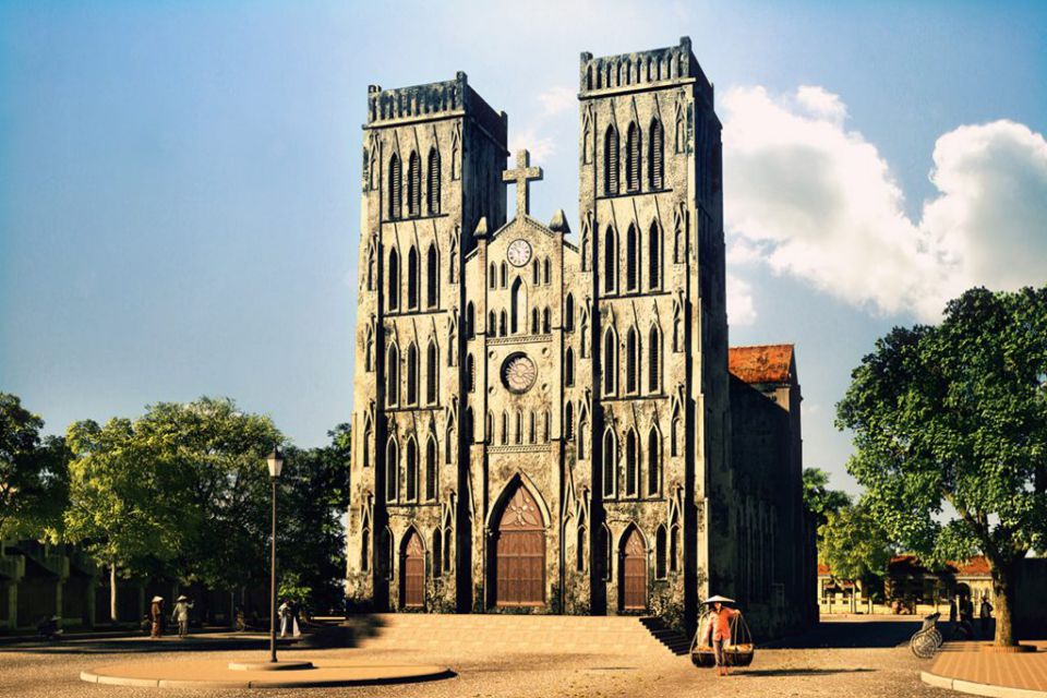 Twin stone towers of St Joseph's Cathedral in the centre of Hanoi